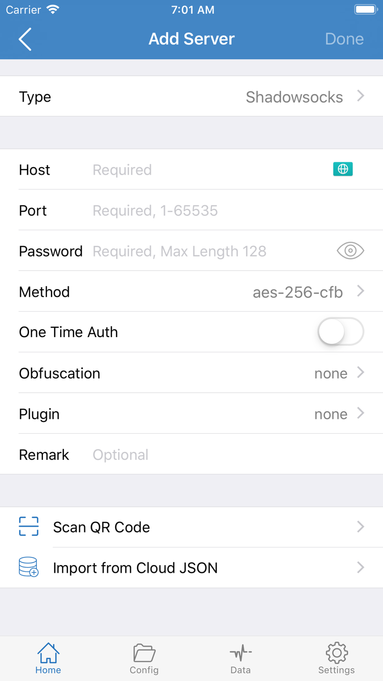 ShadowrocketのAdd Server画面。Type、Host、Port、Password、Methodのほか、Scan QR CodeとImport from Cloud JSONの入口を表示