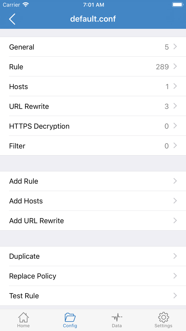 ShadowrocketのConfig設定ファイル編集画面。General、Rule、Hosts、URL Rewrite、HTTPS DecryptionのセクションとAdd Ruleを表示