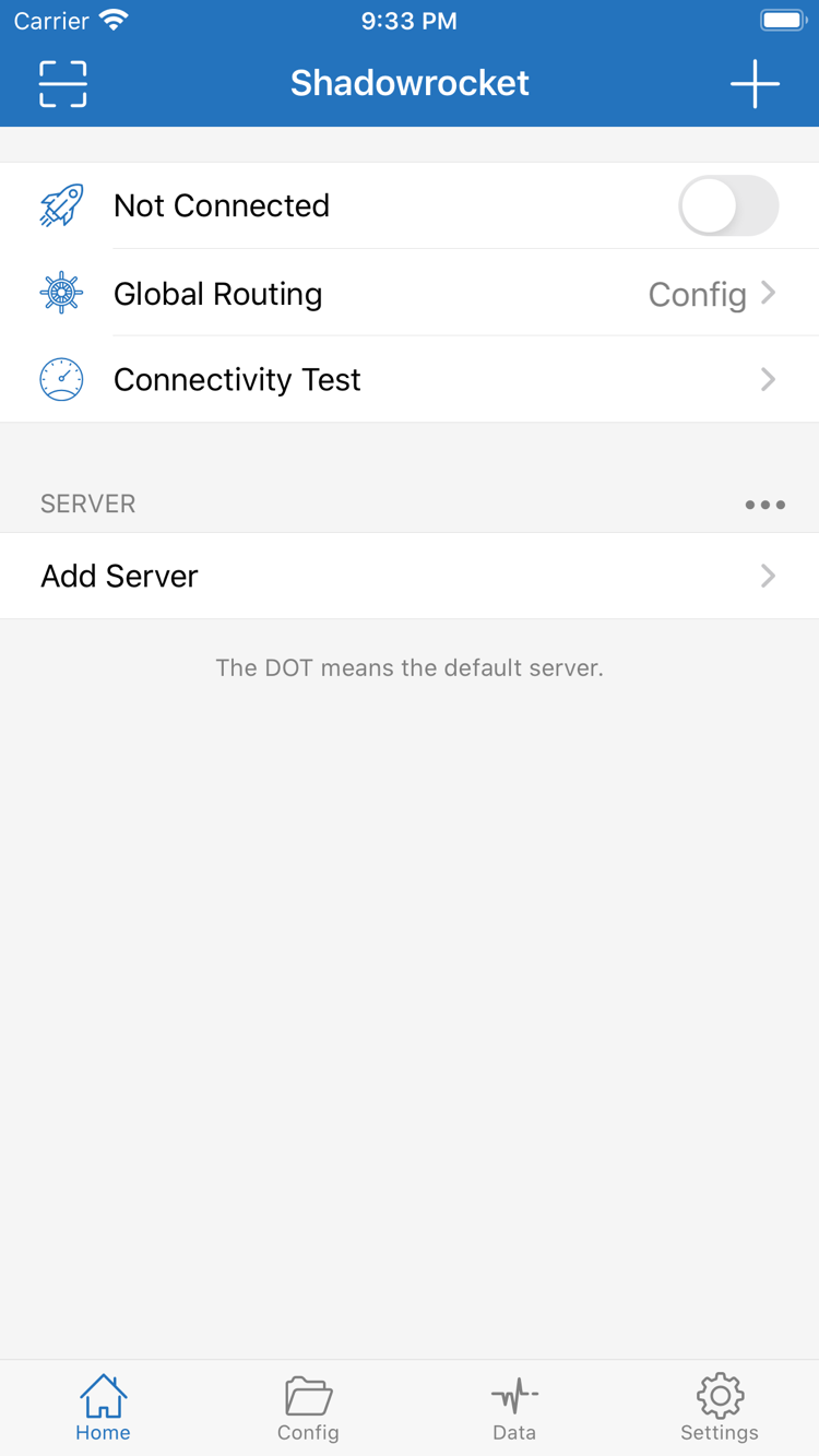 接続スイッチ、Global Routing、Add Serverが表示されたShadowrocket Homeの公式スクリーンショット